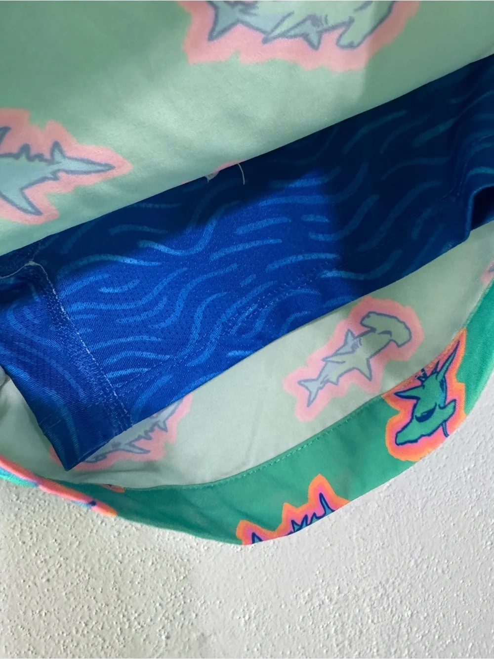chubbies Kids Aqua Shark Print Swim Trunks - Teal & Pink 14/16